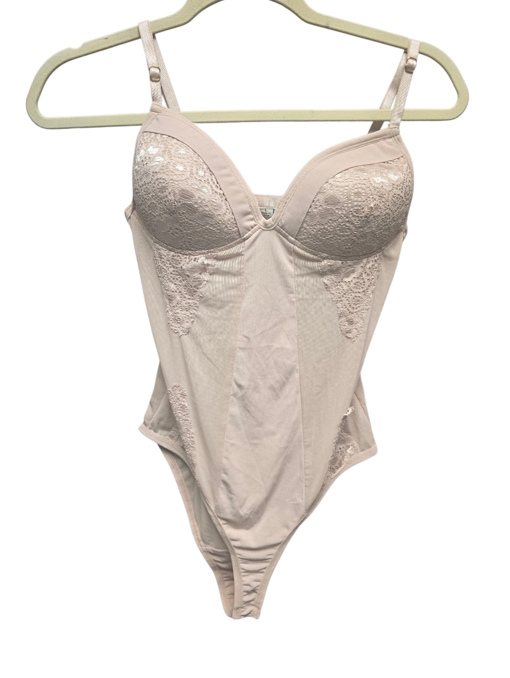 Haute Monde Nude Lace-Accent Body Suit Teddy Sz. L NWT